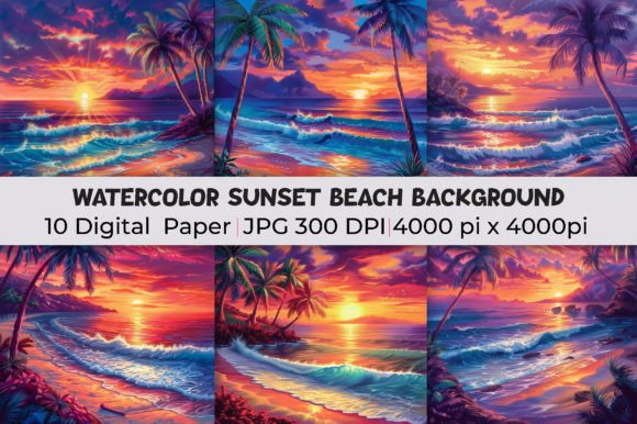 Infuse Your Designs with Coastal Magic: Watercolor Sunset Beach Backgrounds